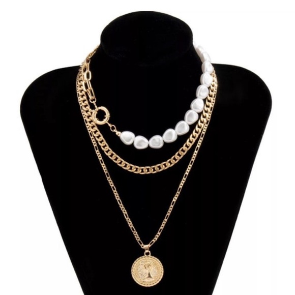Multi Layered Necklace Pearl Coin Chain Portrait Pendant Necklace 3pc Set Gold - Picture 2 of 3